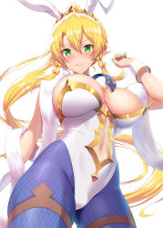 Rule 34 | &gt;:), 1girl, absurdres, animal ears, areola slip, artoria pendragon (all), artoria pendragon (fate), artoria pendragon (swimsuit ruler) (fate), artoria pendragon (swimsuit ruler) (fate) (cosplay), blonde hair, blue pantyhose, blush, braid, breasts, center opening, cleavage, closed mouth, cosplay, cowboy shot, elf, fairy, fake animal ears, fate/grand order, fate (series), from below, gluteal fold, green eyes, green nails, hand up, high ponytail, highleg, highleg leotard, highres, kawase seiki, large breasts, leafa, leotard, long ears, long hair, looking at viewer, looking down, nail polish, pantyhose, playboy bunny, pointy ears, rabbit ears, revision, shawl, sidelocks, simple background, smile, solo, strapless, strapless leotard, sword art online, thigh strap, twin braids, v-shaped eyebrows, very long hair, white background, white leotard, wrist cuffs
