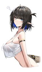 Rule 34 | 1girl, ?, arknights, arm strap, asymmetrical hair, black hair, blue eyes, blue hair, breasts, colored inner hair, commentary, cowboy shot, crop top, crop top overhang, earrings, eunectes (arknights), eunectes (forgemaster) (arknights), from side, highres, horn/wood, jewelry, large breasts, looking at viewer, multicolored hair, official alternate costume, one side up, pointy ears, see-through silhouette, short hair, simple background, single earring, snake tail, solo, tail, tank top, tassel, tassel earrings, torn clothes, two-tone hair, white background, white tank top