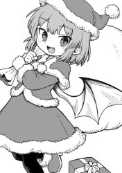 Rule 34 | 1girl, :d, alternate costume, bat wings, box, fang, gift, gift box, greyscale, hat, highres, holding, holding sack, looking at viewer, monochrome, oninamako, open mouth, remilia scarlet, sack, santa costume, santa hat, simple background, slit pupils, smile, solo, touhou, wings