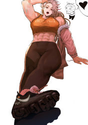 Rule 34 | 1boy, 1girl, abs, arm support, breasts, dorohedoro, earrings, hand on own head, heart, highres, jacket, jewelry, large breasts, long hair, looking at viewer, midriff, multiple piercings, muscular, muscular female, noi (dorohedoro), open mouth, pants, park ongjol, red eyes, shoes, sneakers, sweat, teeth, thick thighs, thighs, thought bubble, toned, tongue, wavy hair, white background, white hair, yoga pants