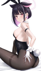 Rule 34 | 1girl, :/, absurdres, alternate costume, animal ears, arm strap, ass, backless leotard, bare arms, bare back, bare shoulders, black hair, black leotard, black pantyhose, blue archive, bob cut, breasts, cat ears, closed mouth, collar, colored inner hair, detached collar, extra ears, fake animal ears, fake tail, from side, gloves, hair ornament, hairclip, halo, highleg, highleg leotard, highres, kazusa (blue archive), knee up, leotard, looking at viewer, looking back, medium breasts, multicolored hair, pantyhose, pink hair, playboy bunny, rabbit ears, rabbit tail, rama (yu-light8), red eyes, short hair, sideboob, sidelocks, simple background, sitting, solo, strapless, strapless leotard, tail, thighband pantyhose, thighs, white background, white collar, white gloves, wrist cuffs