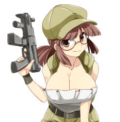 Rule 34 | 1girl, artist request, bad anatomy, bad id, bad pixiv id, bare arms, bare shoulders, baseball cap, belt, black-framed eyewear, breasts, brown eyes, brown hair, cleavage, closed mouth, collarbone, female focus, fio germi, glasses, gun, h&amp;k mp5k, hat, holding, holding gun, holding weapon, large breasts, leaning, leaning forward, looking at viewer, matching hair/eyes, metal slug, midriff, military, neck, ponytail, short hair, shorts, simple background, sleeveless, smile, solo, strapless, submachine gun, tube top, tube top, vest, weapon, white background, white tube top, wristband
