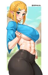 Rule 34 | 1girl, abs, absurdres, blonde hair, blush, breasts, clothes pull, cromwellb, green eyes, hair ornament, hairclip, hand on own hip, highres, large breasts, leggings, midriff, muscular, muscular female, nintendo, pointy ears, princess zelda, shirt pull, short hair, the legend of zelda, toned, underboob