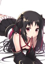 Rule 34 | 1girl, bare shoulders, black dress, black hair, black ribbon, blush, breasts, cleavage, collarbone, criss-cross halter, detached sleeves, downblouse, dress, eyebrows, frilled dress, frills, fuya (tempupupu), hair ribbon, halterneck, halterneck, legs up, long hair, long sleeves, looking at viewer, lying, machine-doll wa kizutsukanai, mouth hold, on stomach, red eyes, ribbon, simple background, skindentation, small breasts, solo, thighhighs, white background, white thighhighs, yaya (machine-doll), zettai ryouiki