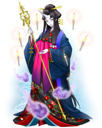 Rule 34 | 1girl, artist request, blue skin, candle, candlelight, character request, colored skin, eyeshadow, floating, floating object, floral print, full body, hair ornament, hairpin, highres, holding, horns, japanese clothes, kimono, lipstick, long sleeves, makeup, official art, shakujou, sidelocks, single horn, solo, staff, yellow eyes, youkai hyakki-tan!