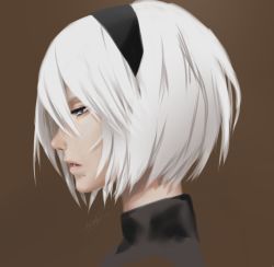 Rule 34 | 1girl, blue eyes, commentary request, from side, hair over one eye, hairband, half-closed eyes, head only, high collar, mole, mole under mouth, nier (series), nier:automata, non (nonzile), portrait, profile, solo, white hair, 2b (nier:automata)