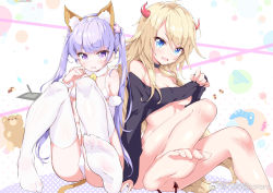 Rule 34 | 2girls, :d, animal ears, bare shoulders, barefoot, bikini, blonde hair, blue eyes, blush, breasts, choker, copyright name, crop top, demon tail, detached sleeves, fake animal ears, fang, feet, flower, fur trim, hair flower, hair ornament, hair over shoulder, hairband, horns, light purple hair, long hair, multiple girls, new game!, no shoes, open mouth, purple eyes, shanyao jiang tororo, simple background, sitting, small breasts, smile, soles, suzukaze aoba, swimsuit, tail, thighhighs, toes, twintails, underboob, v-shaped eyebrows, watermark, white bikini, white legwear, yagami kou