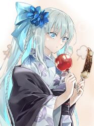 Rule 34 | 1girl, alternate costume, alternate hairstyle, blue bow, blue eyes, blue flower, blue kimono, blue nails, bow, braid, candy apple, chocolate banana, closed mouth, commentary request, eating, fate/grand order, fate (series), fingernails, flower, food, grey hair, hair bow, hair flower, hair ornament, highres, holding, holding food, japanese clothes, kimono, kino kokko, long hair, morgan le fay (fate), morgan le fay (fgo fes. 2023) (fate), obi, ponytail, sash, sidelocks, solo, very long hair, wide sleeves