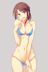 Rule 34 | 10s, 1girl, adjusting clothes, adjusting swimsuit, bad id, bad pixiv id, bikini, bikini pull, blue bikini, blush, breasts, breasts squeezed together, brown eyes, brown hair, clothes pull, coco nesta, cowboy shot, grey background, halterneck, hand on own chest, idolmaster, idolmaster cinderella girls, looking at viewer, mifune miyu, navel, open mouth, pulling own clothes, simple background, solo, swimsuit