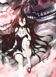 Rule 34 | 10s, 1girl, abyssal ship, bare shoulders, battleship princess, black dress, black hair, breasts, cannon, choker, cleavage, colored skin, dress, glowing, glowing eyes, grey eyes, horns, kantai collection, kz nagomiya, large breasts, long hair, looking at viewer, monster, pale skin, short dress, sitting, skin-covered horns, smile, spaghetti strap, teeth, thighhighs, turret, very long hair, white skin, yellow eyes