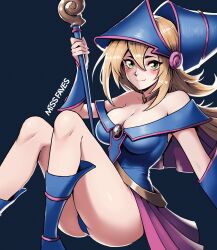 Rule 34 | 1girl, bare shoulders, blonde hair, blue background, blue leotard, blush, boots, breasts, closed mouth, dark magician girl, duel monster, green eyes, hat, highres, holding, holding staff, large breasts, leotard, miss faves, pentagram, pink skirt, skirt, smile, solo, staff, thighs, wizard hat, yu-gi-oh!, yu-gi-oh! duel monsters
