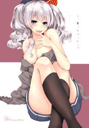 Rule 34 | 10s, 1girl, bad id, bad twitter id, bare shoulders, black socks, blue eyes, blue skirt, blush, breasts, cleavage, convenient censoring, covered erect nipples, crossed legs, eyebrows, finger to mouth, grey shirt, heart, kanna (horntp), kantai collection, kashima (kancolle), kneehighs, large breasts, licking, looking at viewer, no bra, off shoulder, open clothes, open shirt, red background, shirt, short hair, silver hair, simple background, skirt, socks, solo, sweatdrop, text focus, thighs, tongue, tongue out, translation request, two-tone background, white background
