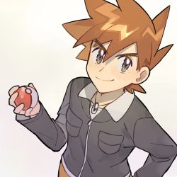 Rule 34 | 1boy, black jacket, blush, brown hair, brown pants, closed mouth, commentary, creatures (company), game freak, gary oak, grey eyes, hair between eyes, holding, holding poke ball, jacket, jewelry, light blush, long sleeves, male focus, necklace, nintendo, pants, poke ball, poke ball (basic), pokemon, pokemon (anime), pokemon hgss, rata (m40929), shirt, smile, solo, spiked hair, white shirt