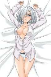 Rule 34 | 1girl, absurdres, blue eyes, breasts, collarbone, cowboy shot, dress shirt, hair ornament, hair over one eye, hairclip, hamakaze (kancolle), highres, kantai collection, large breasts, long sleeves, looking at viewer, lying, maonatten, on back, open clothes, panties, shirt, short hair, silver hair, solo, striped clothes, striped panties, underwear, white shirt