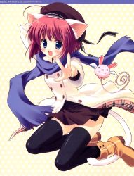 Rule 34 | 1girl, absurdres, animal ears, blue eyes, boots, buttons, cat ears, cat tail, character request, coat, foreshortening, hand on headwear, hat, highres, huge filesize, jacket, kneeling, miniskirt, original, outstretched arm, outstretched hand, paw print, plaid, reaching, red hair, ryouka (suzuya), scarf, skirt, smile, solo, tail, thighhighs, v, zettai ryouiki