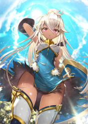 Rule 34 | 1girl, :o, arm behind back, arm up, armor, armpits, bare shoulders, blue dress, breastplate, breasts, covered navel, cowboy shot, dark-skinned female, dark skin, dress, eyebrows hidden by hair, fisheye, from below, gluteal fold, gold, granblue fantasy, hair between eyes, highres, lens flare, light rays, long hair, looking at viewer, looking down, medium breasts, pink eyes, pursed lips, shield, shiny skin, short dress, silver hair, sky, sleeveless, sleeveless dress, solo, sun, tansan daisuki, thighhighs, very long hair, wind, wind lift, zettai ryouiki, zooey (granblue fantasy)