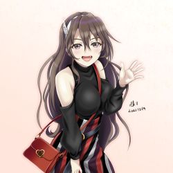 Rule 34 | 1girl, ashigara (kancolle), bag, bare shoulders, black shirt, blush, brown hair, commentary request, dated, detached sleeves, fang, gradient background, hair between eyes, hairband, handbag, kantai collection, long hair, open mouth, shirt, signature, skirt, smile, solo, striped clothes, striped skirt, tk8d32, waving, wavy hair, white hairband