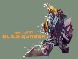 Rule 34 | 00s, blitz gundam, chibi, gundam, gundam seed, king of unlucky, mecha, no humans, outstretched arm, profile, robot, simple background, solo, text focus