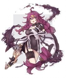 Rule 34 | 1girl, :o, antenna hair, border, braid, breasts, cleavage, dorothy (sinoalice), dress, elbow gloves, glasses, gloves, grey background, gun, hair between eyes, hair ornament, hairpin, holding, holding gun, holding weapon, looking at viewer, merry-san, open mouth, purple eyes, purple hair, short dress, short sleeves, sinoalice, solo, teeth, twin braids, weapon, white background, white dress, white gloves
