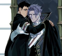 Rule 34 | ace attorney, arm ribbon, barok van zieks, chair, closed mouth, elbow gloves, gloves, height difference, hug, looking at another, male focus, multiple views, purple hair, ribbon, ryunosuke naruhodo, scar, scar on face, shiawase shitsudo bata, white gloves, yaoi