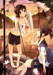 Rule 34 | 2girls, :d, animal, backpack, bag, bare arms, bare shoulders, black skirt, blush, bottle, broom, brown eyes, brown hair, chain-link fence, collarbone, diffraction spikes, fence, flower, grin, hair ribbon, hand up, hands up, holding, holding broom, kyuri, legs, lens flare, long hair, looking at another, looking at viewer, looking to the side, looking up, midriff, multiple girls, navel, neckerchief, open mouth, original, outdoors, pleated skirt, ponytail, pool ladder, poolside, red neckerchief, ribbon, ripples, school uniform, serafuku, shirt, short hair, short sleeves, skirt, sky, sleeveless, smile, soaking feet, sunset, tied shirt, towel, water, water bottle, white towel