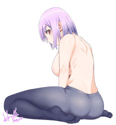 Rule 34 | 1girl, ass, back, bare arms, bare back, black pantyhose, breasts, from side, full body, gridman universe, highres, hori shin, large breasts, legs, looking at viewer, pantyhose, parted lips, purple hair, red eyes, shinjou akane, short hair, simple background, sitting, soles, solo, ssss.gridman, topless, wariza, white background