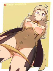 Rule 34 | 1girl, ahoge, asymmetrical bangs, blonde hair, blush, bodystocking, breasts, bridal gauntlets, cape, circlet, cleft of venus, female pubic hair, fire emblem, fire emblem fates, highres, long hair, looking at viewer, looking down, medium breasts, navel, nintendo, nipples, ophelia (fire emblem), panties, panty pull, pubic hair, pulling own clothes, pussy, solo, thighhighs, tobias wheller, turtleneck, underwear, upper body, yellow panties