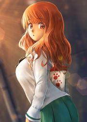 Rule 34 | 1girl, abazu-red, arched back, bag, black neckerchief, blouse, blunt bangs, blurry, blurry background, bokeh, breasts, depth of field, from side, girls und panzer, green skirt, large breasts, long hair, long sleeves, looking at viewer, looking to the side, neckerchief, ooarai school uniform, orange eyes, orange hair, paw print, pleated skirt, school uniform, serafuku, shirt, shoulder bag, skirt, solo, takebe saori, white shirt