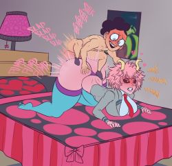 Rule 34 | 1boy, 1girl, all fours, ashido mina, bed, blush, boku no hero academia, clenched teeth, clothed female nude male, colored skin, doggystyle, horns, indoors, mineta minoru, mrscrambled, necktie, nude, on bed, pink hair, pink skin, sex, sex from behind, teeth, thighhighs, uncensored