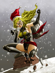 Rule 34 | 1girl, armpits, avengers (series), bare shoulders, black gloves, blonde hair, blue eyes, boots, breasts, cameltoe, carol danvers, chimney, christmas, elbow gloves, covered erect nipples, gloves, hat, highres, large breasts, leotard, long hair, marvel, mask, ms marvel, no bra, rooftop, sack, santa hat, sash, shimotsuki juugo, skin tight, solo, thigh boots, thighhighs, wince, you&#039;re doing it wrong