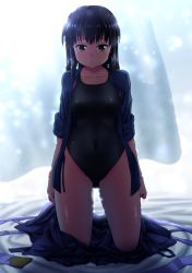 Rule 34 | 1girl, absurdres, black eyes, black hair, black one-piece swimsuit, breasts, commentary request, commission, competition swimsuit, curtains, full body, hakama, hakama skirt, highres, japanese clothes, kneeling, long hair, looking at viewer, medium breasts, one-piece swimsuit, original, pixiv commission, skirt, solo, swimsuit, tennouji masamichi, undressing