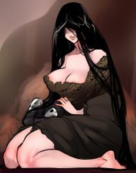 Rule 34 | 1girl, areola slip, barefoot, black hair, breasts, cleavage, dark souls (series), dark souls i, dark souls iii, dress, feet, from software, full body, hair over eyes, large breasts, long hair, medium breasts, no bra, parted bangs, parted lips, rosaria mother of rebirth, scathegrapes, seiza, sitting, smile, thick thighs, thighs, very long hair