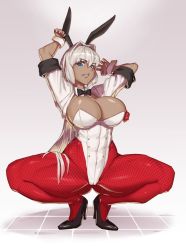 Rule 34 | 1girl, animal ears, arms up, black gloves, blue eyes, breasts, caenis (fate), cleavage, dark-skinned female, dark skin, detached collar, extra ears, fake animal ears, fate/grand order, fate (series), fishnet pantyhose, fishnets, full body, gloves, high heels, large breasts, leotard, long hair, looking at viewer, massive kagawa, nontraditional playboy bunny, pantyhose, playboy bunny, rabbit ears, red pantyhose, solo, spread legs, squatting, thighs, very long hair, white hair, white leotard, wide spread legs, wrist cuffs