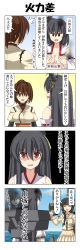 Rule 34 | 4girls, 4koma, ^^^, absurdres, arrow (symbol), black background, black hair, braid, breasts, brown eyes, brown hair, burnt clothes, cloud, comic, commentary, covering privates, covering breasts, detached sleeves, dress, fusou (kancolle), gradient background, hair between eyes, hair ornament, highres, ise (kancolle), jitome, kantai collection, kitakami (kancolle), large breasts, long hair, long sleeves, midriff, multiple girls, mvp, nontraditional miko, ocean, open mouth, ponytail, rappa (rappaya), red eyes, rigging, sailor dress, short hair, short ponytail, skirt, sky, smile, smoke, sweatdrop, translated, twin braids, wide sleeves, yamashiro (kancolle)