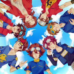 6+boys akashi_tagiru daimon_masaru_(digimon_savers) digimon digimon_adventure digimon_adventure_02 digimon_frontier digimon_savers digimon_tamers digimon_xros_wars digimon_xros_wars:_toki_wo_kakeru_shounen_hunter-tachi goggles goggles_on_head highres kanbara_takuya kudou_taiki matsuda_takato motomiya_daisuke multiple_boys yagami_taichi