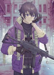 Rule 34 | 1boy, adjusting clothes, adjusting gloves, alternate costume, american flag, bandaid, bandaid on arm, black gloves, black hair, cityscape, earrings, finch (blanc1771), gloves, gun, h&amp;k ump, highres, holding, holding gun, holding weapon, indie virtual youtuber, jacket, jewelry, long sleeves, looking at viewer, male focus, necklace, open clothes, open jacket, purple eyes, purple jacket, scar, scar on face, scar on nose, short hair, shoto (vtuber), submachine gun, ump45, upper body, virtual youtuber, weapon