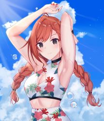 Rule 34 | 1girl, 777nasu, absurdres, arisugawa natsuha, armpits, arms up, bikini, blue sky, braid, breasts, cleavage, closed mouth, commentary, earrings, floral print, grey eyes, highres, idolmaster, idolmaster shiny colors, jewelry, light smile, long hair, looking at viewer, medium breasts, nail polish, orange hair, presenting armpit, red nails, sky, solo, sweat, swimsuit, twin braids, upper body, watch, white bikini, wristwatch