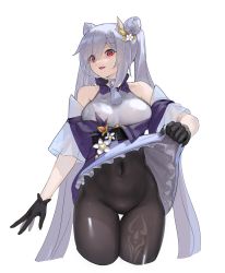Rule 34 | 1girl, absurdres, bare shoulders, black gloves, black pantyhose, braid, breasts, clothes lift, covered navel, cowboy shot, dress, dress lift, egk513, flower, frilled dress, frills, genshin impact, gloves, hair between eyes, hair bun, hair flower, hair ornament, highres, keqing (genshin impact), lifting own clothes, long hair, looking at viewer, medium breasts, open mouth, pantyhose, purple dress, purple hair, red eyes, silver hair, simple background, solo, thigh gap, twintails, very long hair, white background