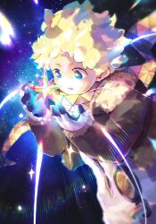 Rule 34 | 1boy, baggy clothes, blonde hair, fate/grand order, fate/requiem, fate (series), feet out of frame, glowing, hands up, highres, male focus, open mouth, pistachiohyeah, saint quartz (fate), scarf, short hair, solo, space, spacesuit, star (symbol), starry background, voyager (fate), voyager (third ascension) (fate), white tunic, yellow scarf