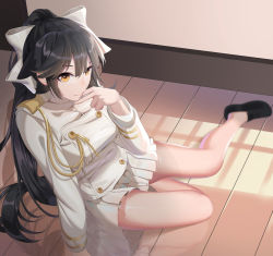 Rule 34 | 1girl, absurdres, animal ears, azur lane, black footwear, black hair, blush, bow, breasts, brown eyes, commentary request, day, gloves, hair bow, hair flaps, hand up, henz, highres, indoors, large breasts, long hair, looking at viewer, military, military uniform, miniskirt, no legwear, pleated skirt, ponytail, ribbon, shoes, skirt, solo, takao (azur lane), thighs, uniform, very long hair, white bow
