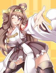 Rule 34 | 10s, 1girl, bare shoulders, black thighhighs, blush, boots, breasts, brown eyes, brown hair, detached sleeves, double bun, hair bun, hair ornament, hairband, headgear, japanese clothes, kantai collection, kongou (kancolle), long hair, medium breasts, miko, nontraditional miko, one eye closed, open mouth, personification, skirt, smile, solo, taka (sanoujo358), thigh boots, thighhighs, wink