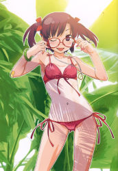 Rule 34 | 1girl, absurdres, bandaid, bikini, bow, bracelet, brown hair, contrapposto, dappled sunlight, front-tie top, glasses, hair bow, hair ribbon, highres, innertube, jewelry, nail polish, necklace, one eye closed, outline, purple eyes, red-framed eyewear, red bikini, ribbon, short hair, short twintails, side-tie bikini bottom, solo, standing, sunlight, swim ring, swimsuit, tongue, tongue out, twintails, venus idol project, watanabe akio, wink