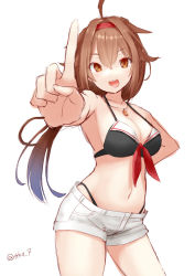 Rule 34 | 1girl, adapted costume, bikini, black bikini, brown eyes, brown hair, commentary request, contrapposto, cowboy shot, foreshortening, hairband, index finger raised, kantai collection, long hair, official alternate costume, one-hour drawing challenge, open mouth, red hairband, round teeth, shiratsuyu (kancolle), shiratsuyu kai ni (kancolle), shorts, simple background, smile, solo, swimsuit, teeth, tetsukuzu (yajirushi shita), upper teeth only, white background, white shorts