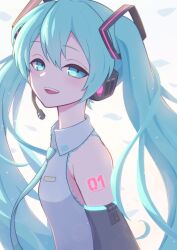 Rule 34 | 1girl, aqua eyes, aqua hair, aqua necktie, bare shoulders, black sleeves, blush, blush stickers, detached sleeves, grey shirt, hair between eyes, hatsune miku, long hair, long sleeves, looking at viewer, looking to the side, masoogenki, necktie, shirt, sidelocks, simple background, solo, twintails, upper body, very long hair, vocaloid, wavy mouth, white background, wide sleeves