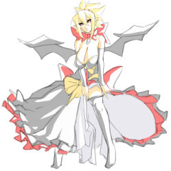 Rule 34 | 1girl, bare shoulders, bat wings, blonde hair, bow, breasts, cleavage, clothes lift, demon girl, detached sleeves, disgaea, dress, dress lift, eu03, frills, hanging breasts, highres, huge breasts, jewelry, makai senki disgaea 2, nippon ichi, pointy ears, ponytail, red eyes, rozalin, short hair, sketch, solo, thighhighs, wings