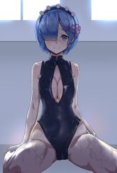 Rule 34 | 10s, 1girl, b:ga, bad id, bad pixiv id, black one-piece swimsuit, blue eyes, blue hair, blush, breasts, cleavage, cleavage cutout, clothing cutout, front zipper swimsuit, hair ornament, hair over one eye, hair ribbon, highleg, highleg swimsuit, highres, looking at viewer, medium breasts, meme attire, one-piece swimsuit, pink ribbon, re:zero kara hajimeru isekai seikatsu, red ribbon, rem (re:zero), ribbon, short hair, sitting, smile, solo, swimsuit, turtleneck, wariza, wet, wet clothes, wet swimsuit, window, x hair ornament