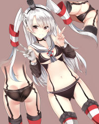 Rule 34 | 10s, 1girl, amatsukaze (kancolle), ass, black panties, blush, breasts, brown background, brown eyes, butt crack, cafe au lait (kafeore), covered erect nipples, cowboy shot, double v, dutch angle, from behind, from below, garter belt, garter straps, gloves, gluteal fold, grey neckerchief, hair between eyes, hair tubes, hands up, hat, kantai collection, long hair, looking at viewer, midriff, mini hat, mtu virus, multiple views, navel, neckerchief, panties, parted lips, red thighhighs, sailor collar, silver hair, simple background, single glove, small breasts, smile, striped clothes, striped thighhighs, suspenders, thighhighs, thighs, two side up, underwear, v, white gloves, white thighhighs