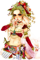 Rule 34 | 1990s (style), 1girl, bad id, bad pixiv id, bandeau, blonde hair, bow, bracelet, cape, choker, detached sleeves, earrings, fashion, final fantasy, final fantasy vi, fingernails, flower, green eyes, hair bow, hair ornament, hairpin, jewelry, lipstick, long hair, makeup, midriff, nail, nail polish, necklace, painting (medium), pantyhose, ponytail, red nails, retro artstyle, ring, sakizou, shoulder pads, skirt, solo, strapless, sword, tina branford, traditional media, tube top, watercolor (medium), weapon