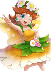 Rule 34 | 1girl, bare arms, barefoot, blue eyes, brown hair, butterfly wings, dress, earrings, gonzarez, hand on own hip, head wreath, highres, insect wings, jewelry, leaf, looking at viewer, mario (series), mario kart, mario kart tour, nintendo, one eye closed, pointing, princess daisy, princess daisy (fairy), simple background, solo, white background, wings, yellow dress