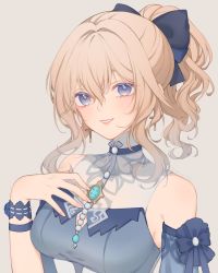 Rule 34 | 1girl, bad id, bad pixiv id, bare shoulders, black bow, blonde hair, blue eyes, blush, bow, breasts, commentary request, earrings, genshin impact, hair bow, hand on own chest, high collar, highres, jean (genshin impact), jean (sea breeze dandelion) (genshin impact), jewelry, looking at viewer, medium breasts, parted lips, ponytail, ria (yfvv ria), shirt, sleeveless, sleeveless shirt, smile, solo